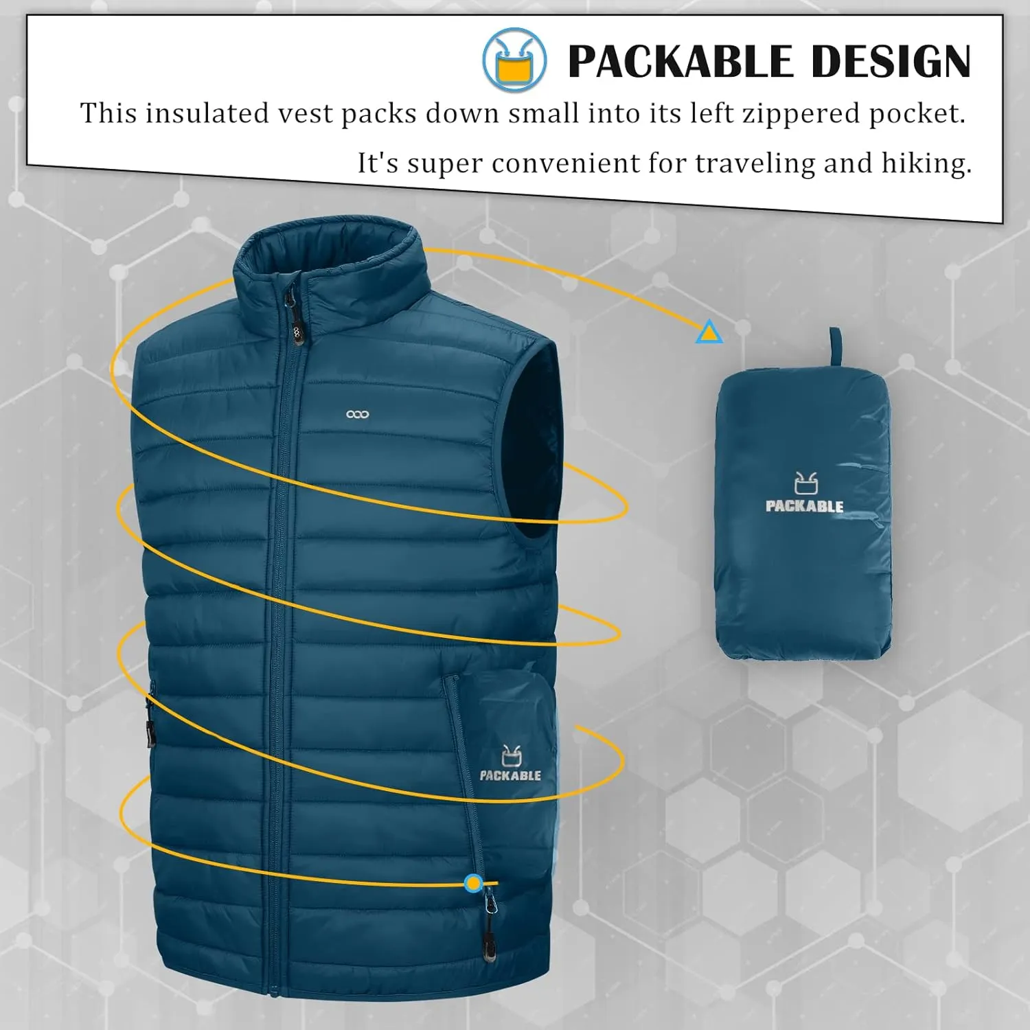 33,000ft Men's Lightweight Packable Insulated Puffer Vest Outerwear, Warm Winter Sleeveless Jacket for Golf Running