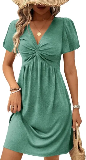 Acelitt Womens Casual Summer Twist Front V Neck Short Sleeve Mini Dress, S-XXL