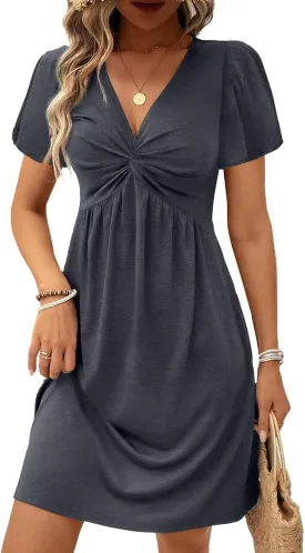 Acelitt Womens Casual Summer Twist Front V Neck Short Sleeve Mini Dress, S-XXL