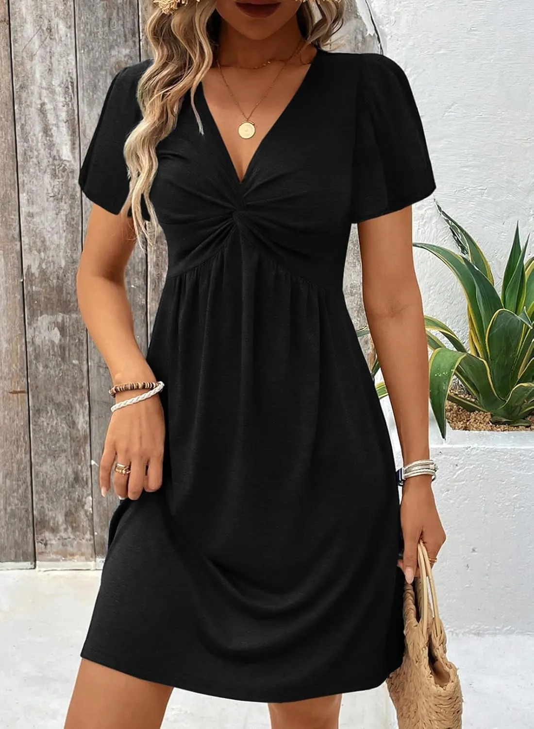 Acelitt Womens Casual Summer Twist Front V Neck Short Sleeve Mini Dress, S-XXL