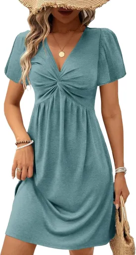 Acelitt Womens Casual Summer Twist Front V Neck Short Sleeve Mini Dress, S-XXL
