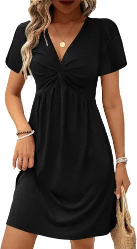 Acelitt Womens Casual Summer Twist Front V Neck Short Sleeve Mini Dress, S-XXL