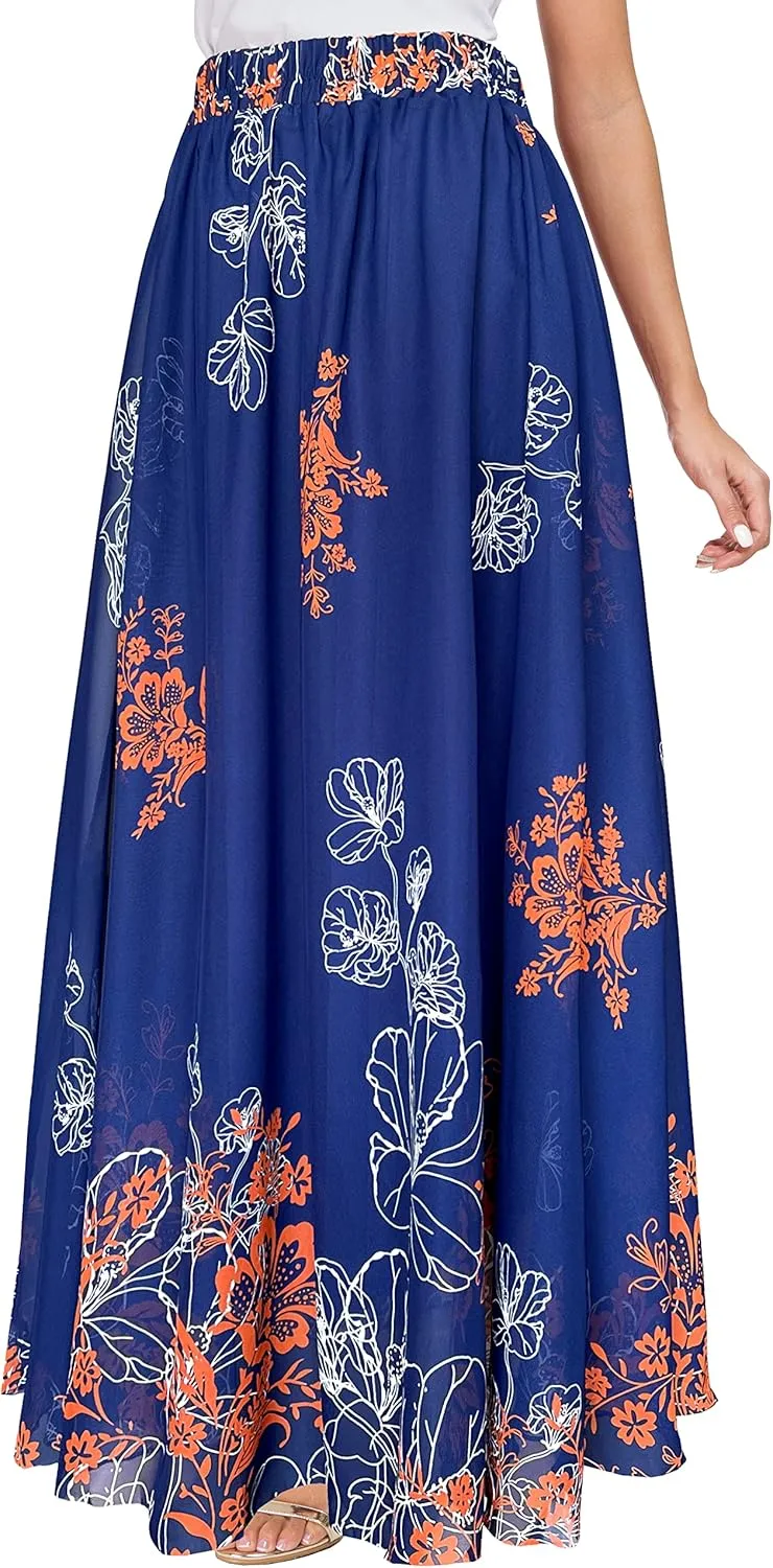 Afibi Women Floral Long Skirts Chiffon Summer Beach High Waisted Maxi Skirts