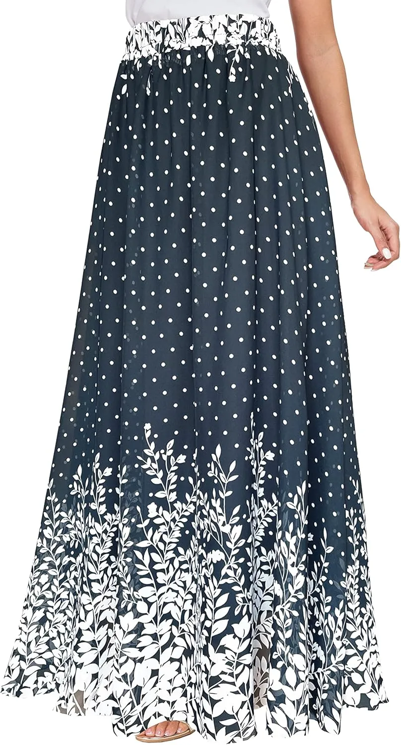 Afibi Women Floral Long Skirts Chiffon Summer Beach High Waisted Maxi Skirts