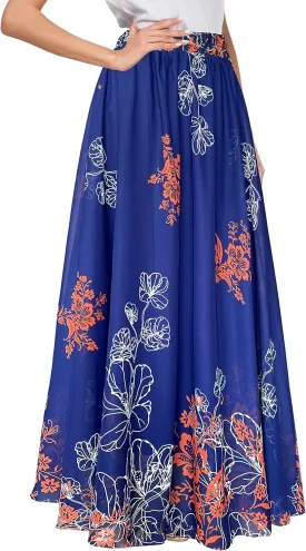Afibi Women Floral Long Skirts Chiffon Summer Beach High Waisted Maxi Skirts