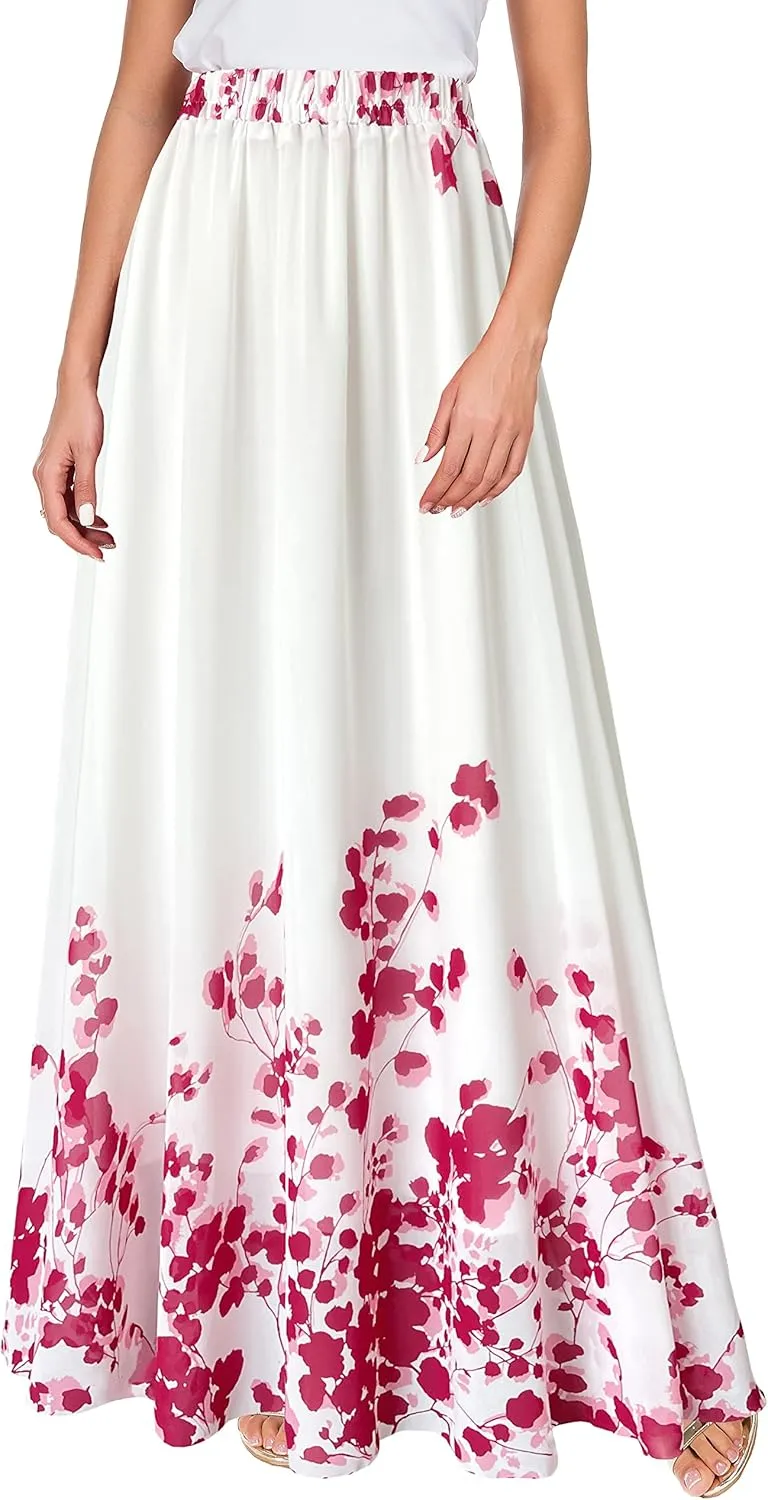Afibi Women Floral Long Skirts Chiffon Summer Beach High Waisted Maxi Skirts