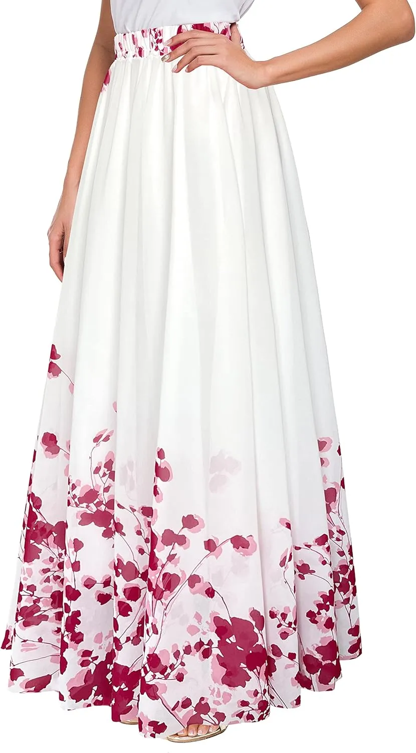 Afibi Women Floral Long Skirts Chiffon Summer Beach High Waisted Maxi Skirts