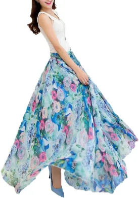 Afibi Women Floral Long Skirts Chiffon Summer Beach High Waisted Maxi Skirts