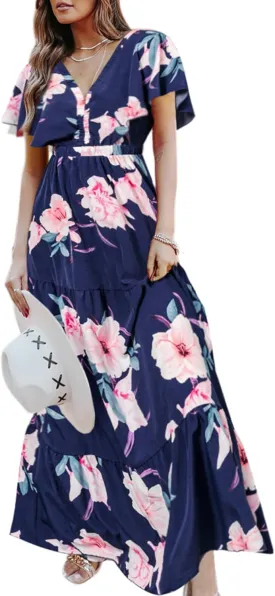 Amegoya Women's Casual Short Sleeve V Neck Floral Maxi Dresses Boho Beach Photoshoot Flowy Ruffle Long Dress