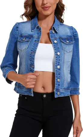 Anienaya Women's Jean Jacket Cropped Denim Jacket Stretchy 3/4 Puff Sleeve Distressed with Pockets