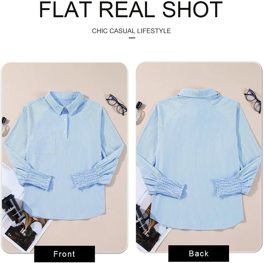 Astylish Women 2025 Fine Striped Smocked Cuffed Henley Shirts Long Sleeve Collared Blouse Tops with Pocket