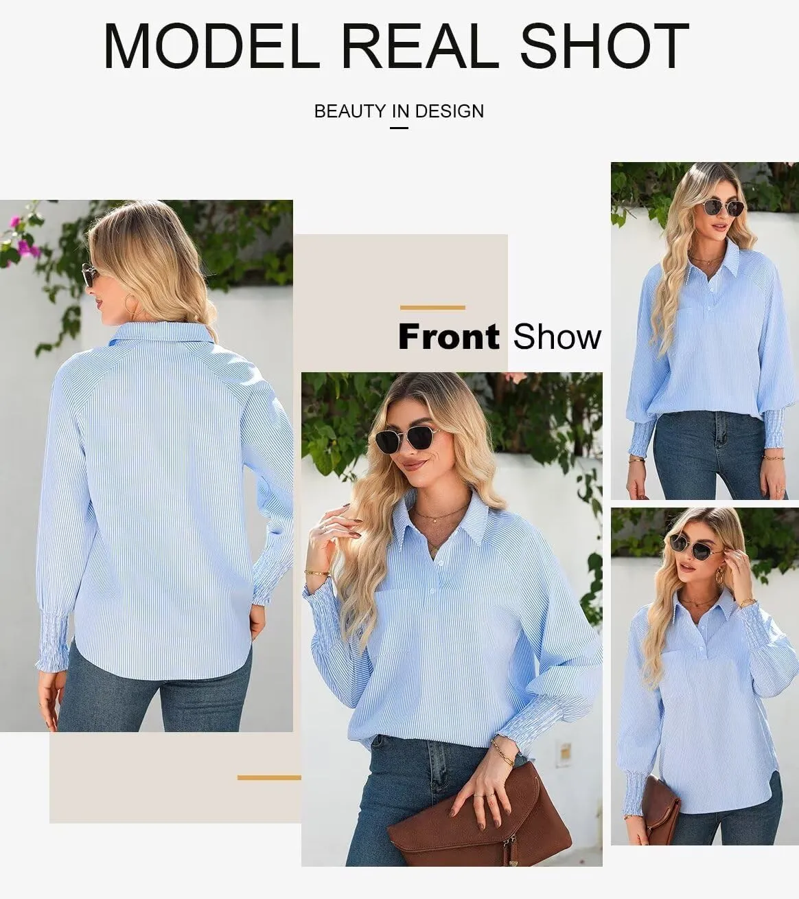 Astylish Women 2025 Fine Striped Smocked Cuffed Henley Shirts Long Sleeve Collared Blouse Tops with Pocket