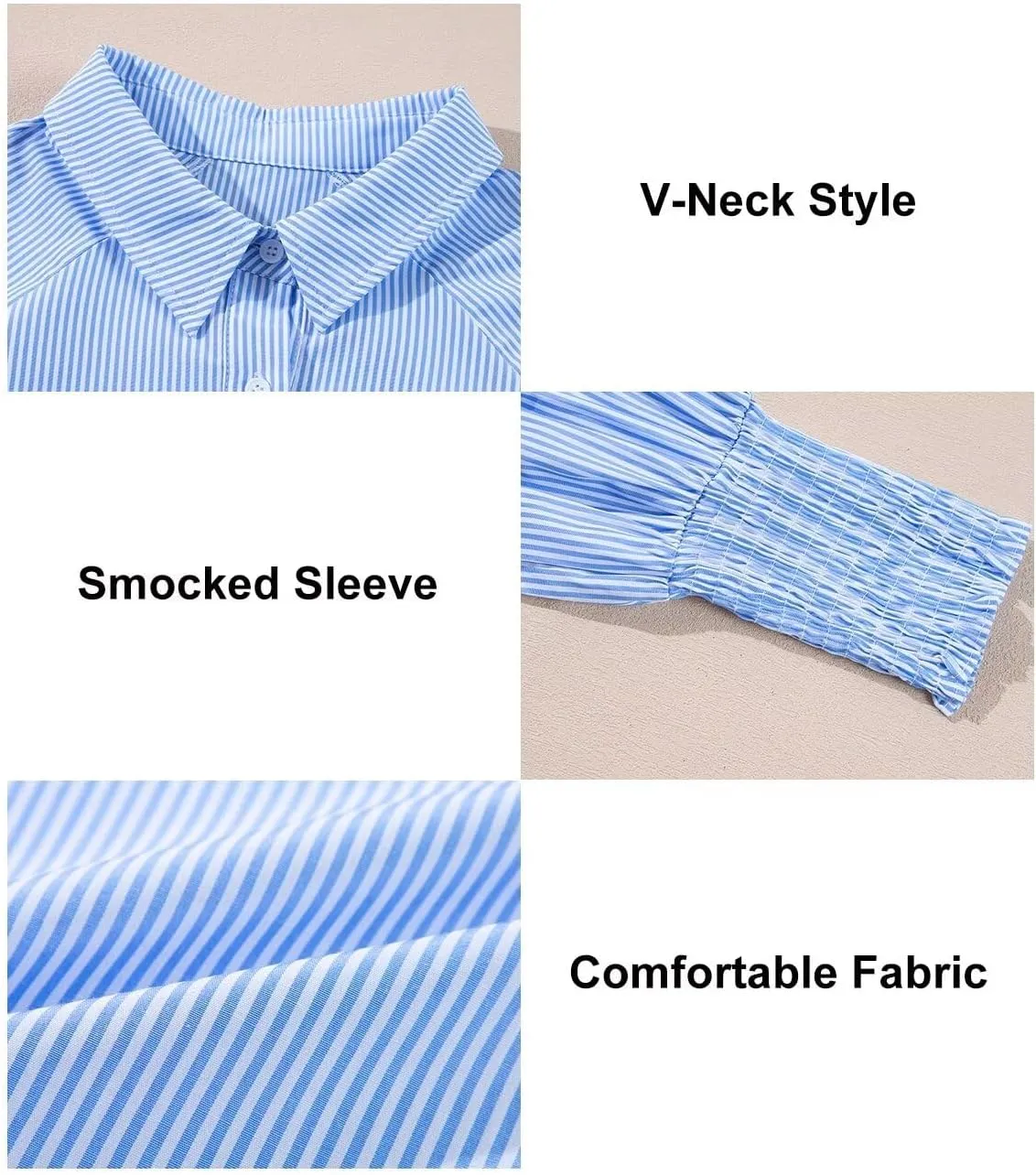 Astylish Women 2025 Fine Striped Smocked Cuffed Henley Shirts Long Sleeve Collared Blouse Tops with Pocket