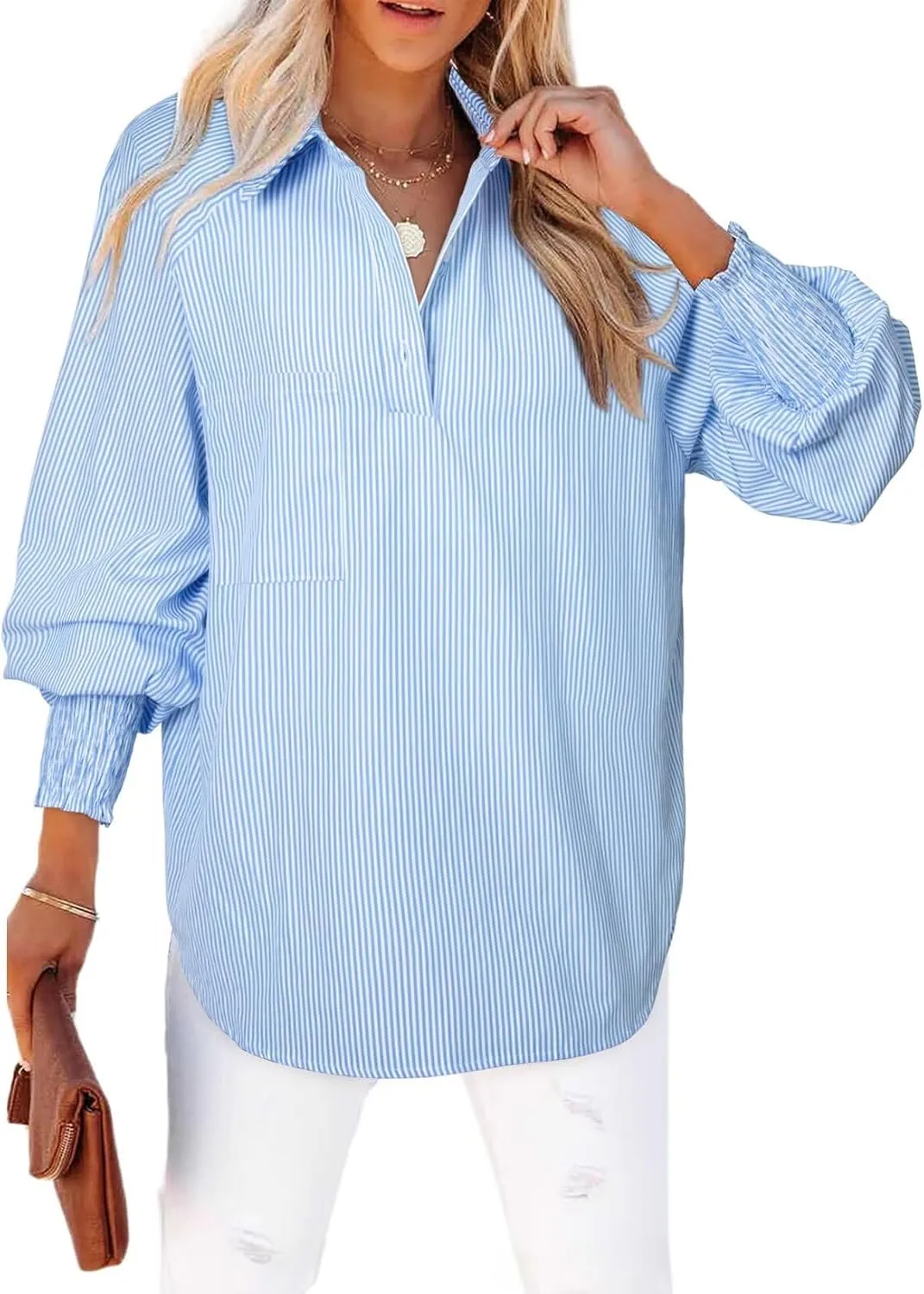 Astylish Women 2025 Fine Striped Smocked Cuffed Henley Shirts Long Sleeve Collared Blouse Tops with Pocket