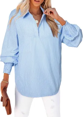 Astylish Women 2025 Fine Striped Smocked Cuffed Henley Shirts Long Sleeve Collared Blouse Tops with Pocket