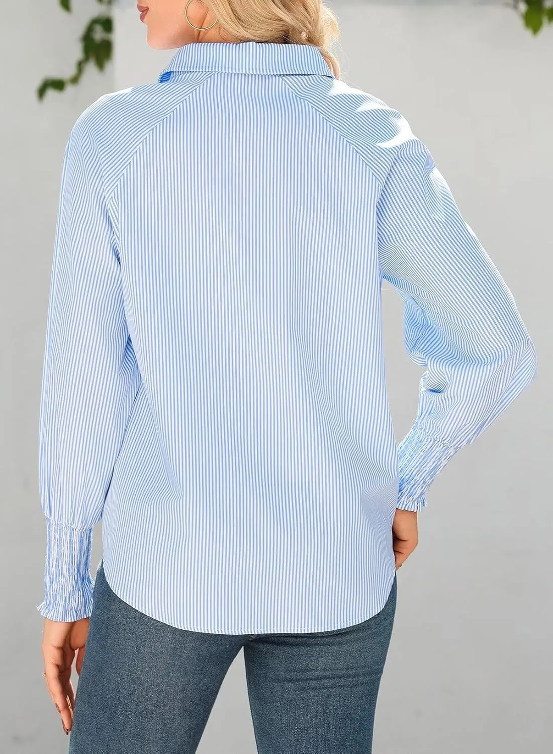 Astylish Women 2025 Fine Striped Smocked Cuffed Henley Shirts Long Sleeve Collared Blouse Tops with Pocket
