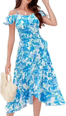 Aupuls Women Off Shoulder Summer Floral Dress 2025 Casual Beach Boho Ruffle Midi Dresses