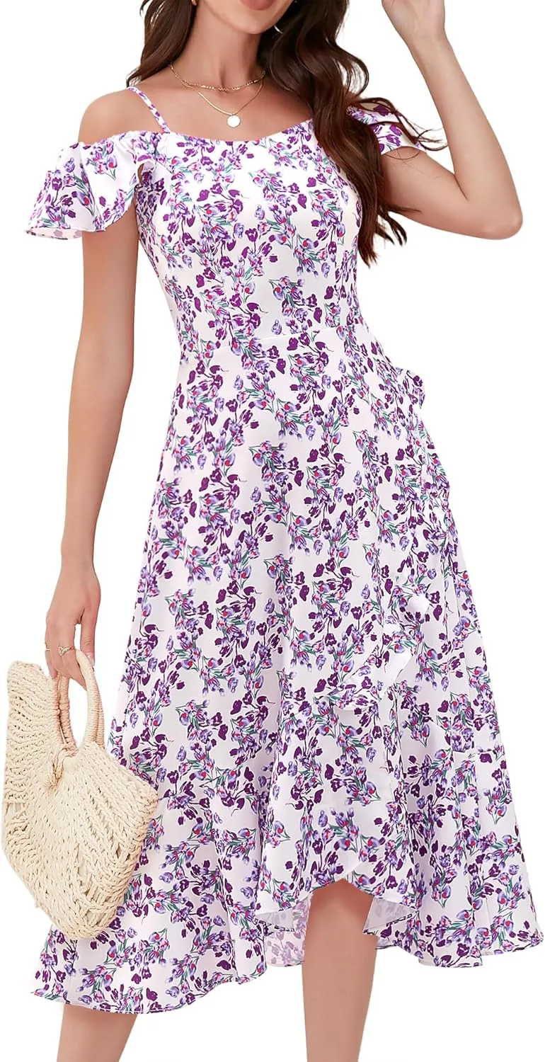 Aupuls Women Off Shoulder Summer Floral Dress 2025 Casual Beach Boho Ruffle Midi Dresses