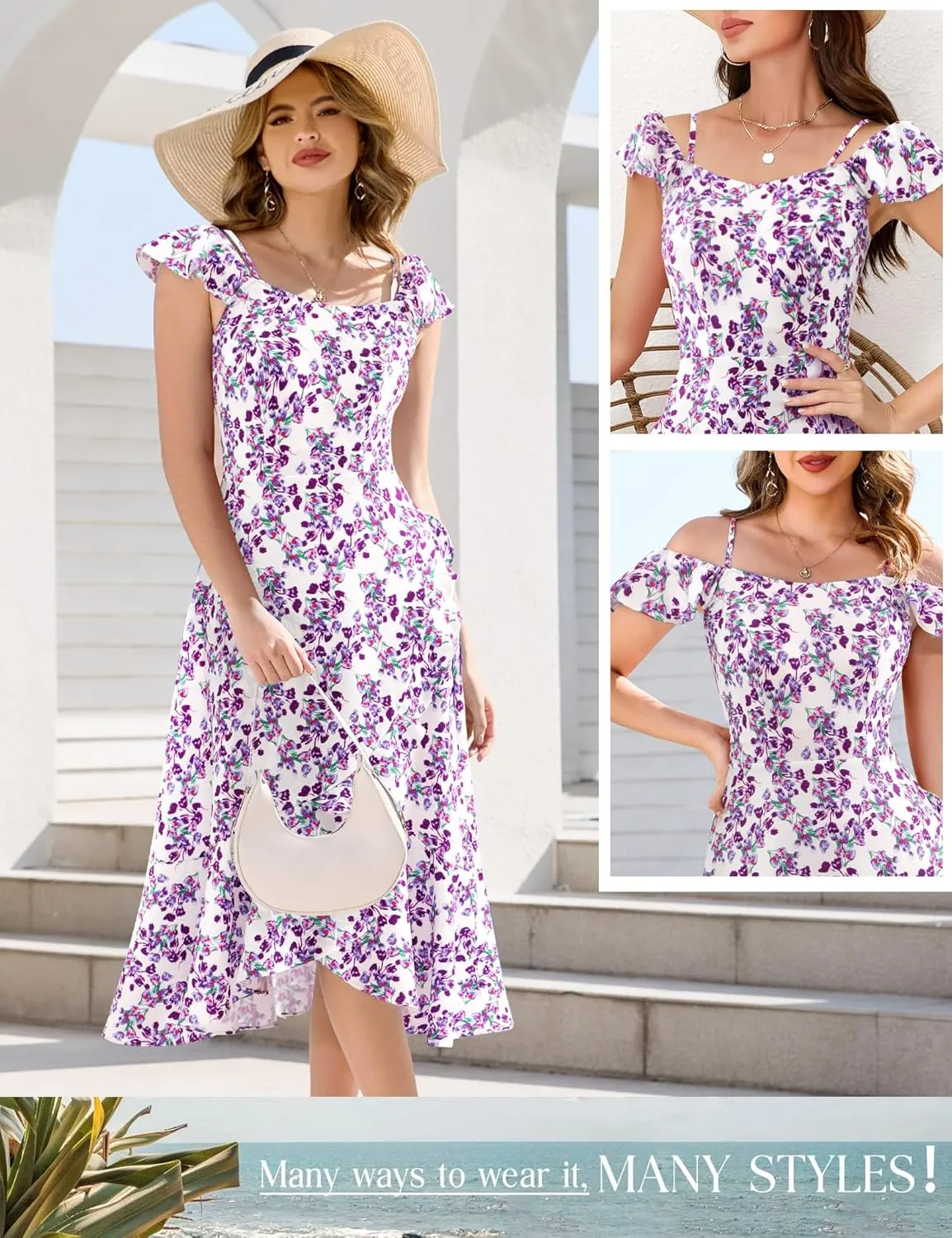 Aupuls Women Off Shoulder Summer Floral Dress 2025 Casual Beach Boho Ruffle Midi Dresses