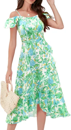 Aupuls Women Off Shoulder Summer Floral Dress 2025 Casual Beach Boho Ruffle Midi Dresses