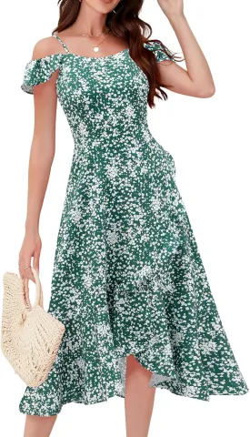 Aupuls Women Off Shoulder Summer Floral Dress 2025 Casual Beach Boho Ruffle Midi Dresses