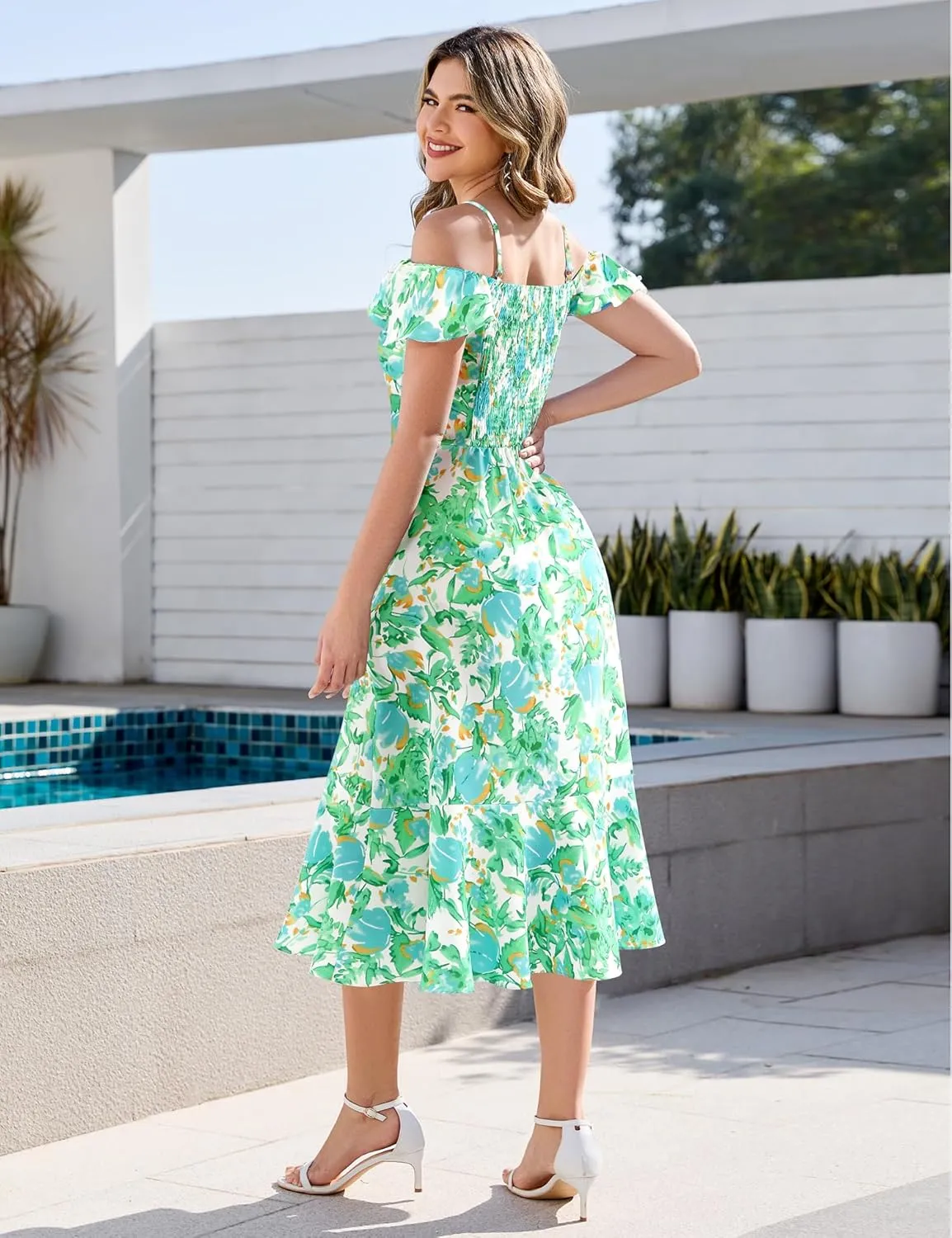 Aupuls Women Off Shoulder Summer Floral Dress 2025 Casual Beach Boho Ruffle Midi Dresses