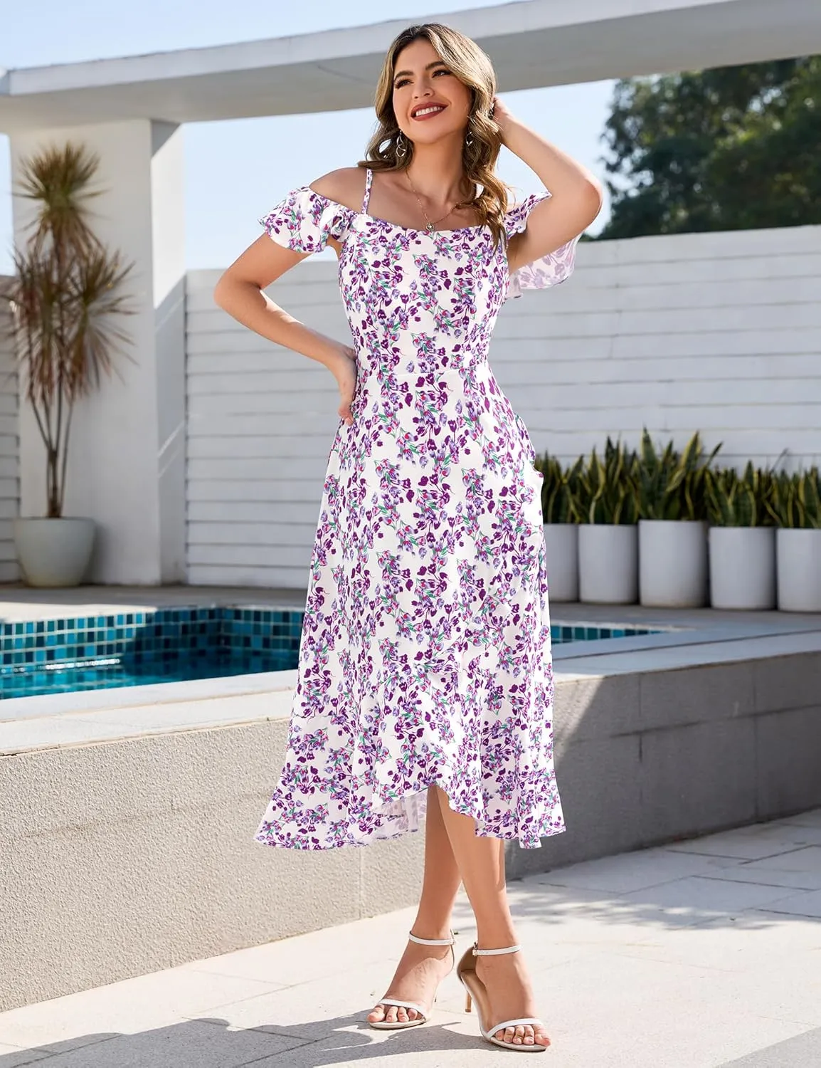 Aupuls Women Off Shoulder Summer Floral Dress 2025 Casual Beach Boho Ruffle Midi Dresses
