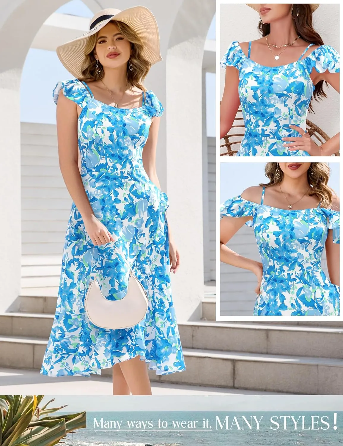 Aupuls Women Off Shoulder Summer Floral Dress 2025 Casual Beach Boho Ruffle Midi Dresses