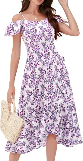 Aupuls Women Off Shoulder Summer Floral Dress 2025 Casual Beach Boho Ruffle Midi Dresses