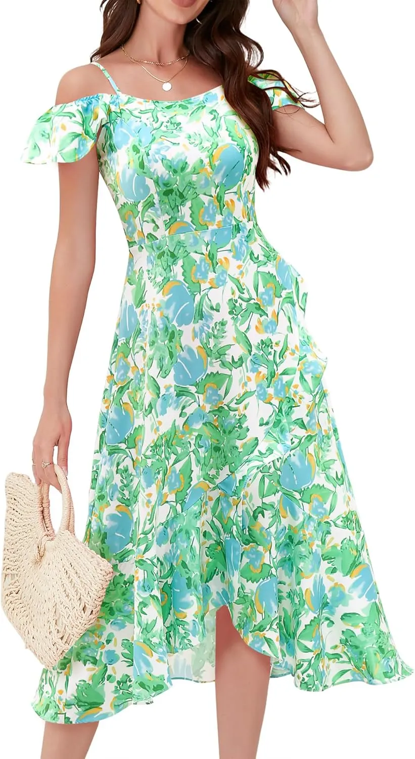 Aupuls Women Off Shoulder Summer Floral Dress 2025 Casual Beach Boho Ruffle Midi Dresses