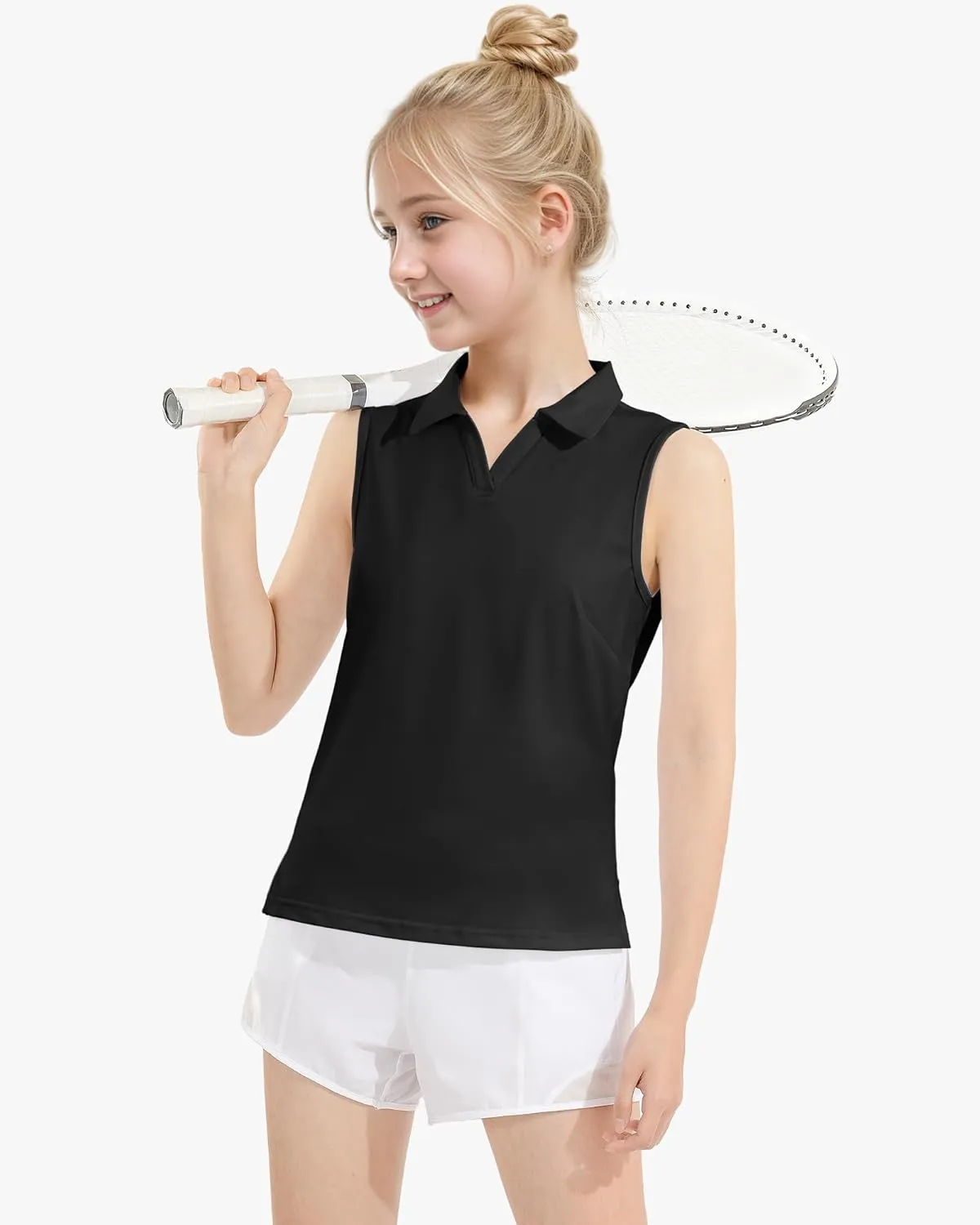 Auranso Girls Sleeveless Polo Shirts V-Neck Golf Tennis T-Shirts with Collared Quick Dry Tank Tops
