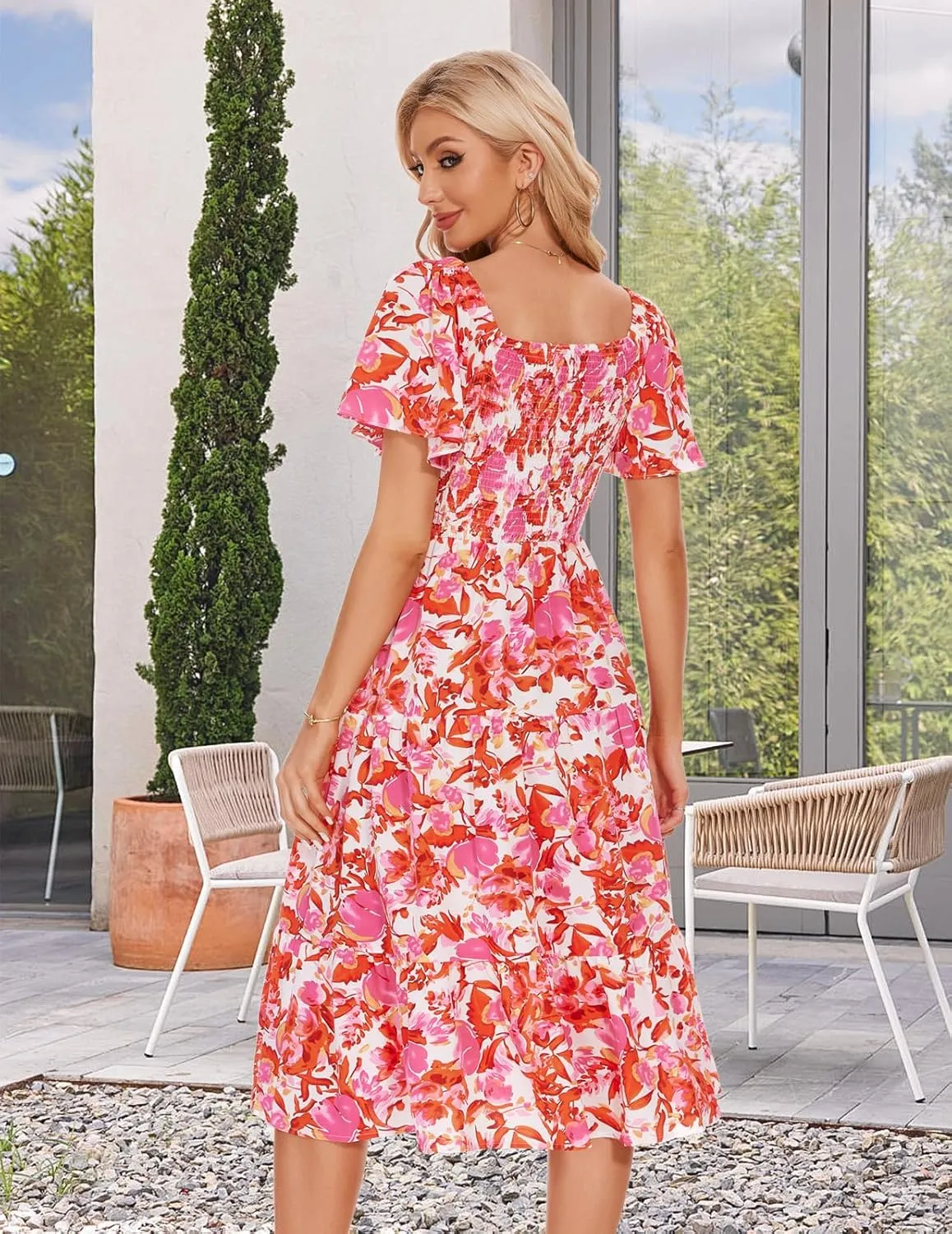 Bbonlinedress Womens Casual Floral Summer Smocked Beach Party Boho Midi Square Neck Dress