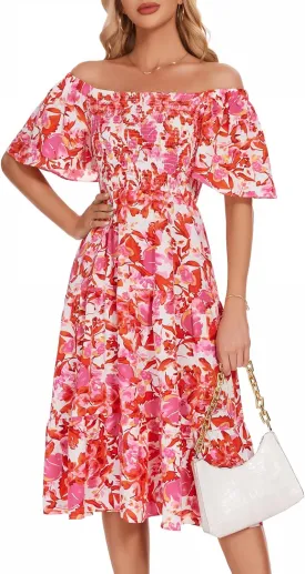 Bbonlinedress Womens Casual Floral Summer Smocked Beach Party Boho Midi Square Neck Dress