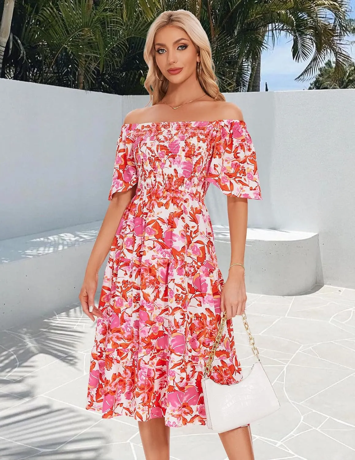 Bbonlinedress Womens Casual Floral Summer Smocked Beach Party Boho Midi Square Neck Dress