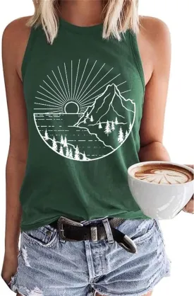 Beopjesk Women's Gradient Coconut Tree Tank Tops Summer Sleeveless V-Neck Button Down Henley Shirt