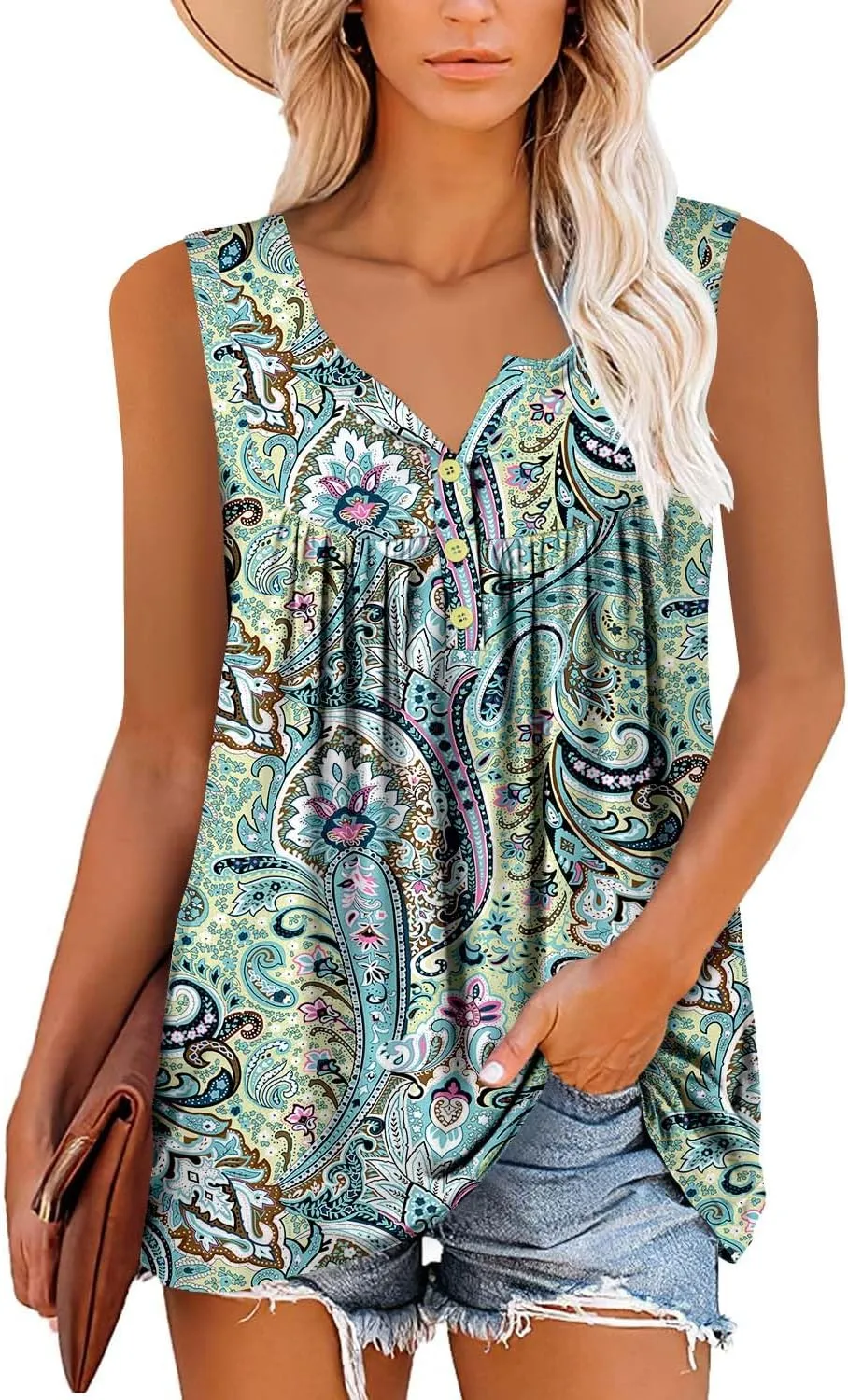 BETTE BOUTIK Womens Sleeveless Tunics Henley Shirts V-Neck Button Down Blouse Tank Tops Casual Pleated Basic