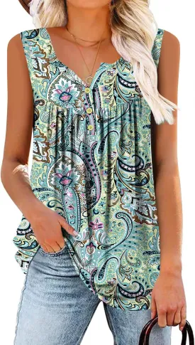 BETTE BOUTIK Womens Sleeveless Tunics Henley Shirts V-Neck Button Down Blouse Tank Tops Casual Pleated Basic
