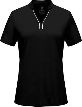 BGOWATU Women's Golf Polo Shirts Short Sleeve Collarless Y-Neck Tennis Tops Quick Dry UPF 50  Workout Shirt Lightweight