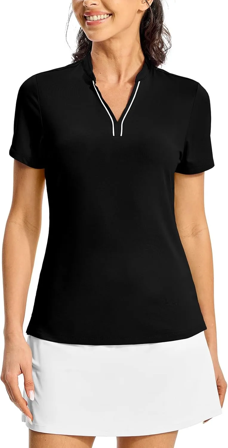 BGOWATU Women's Golf Polo Shirts Short Sleeve Collarless Y-Neck Tennis Tops Quick Dry UPF 50  Workout Shirt Lightweight