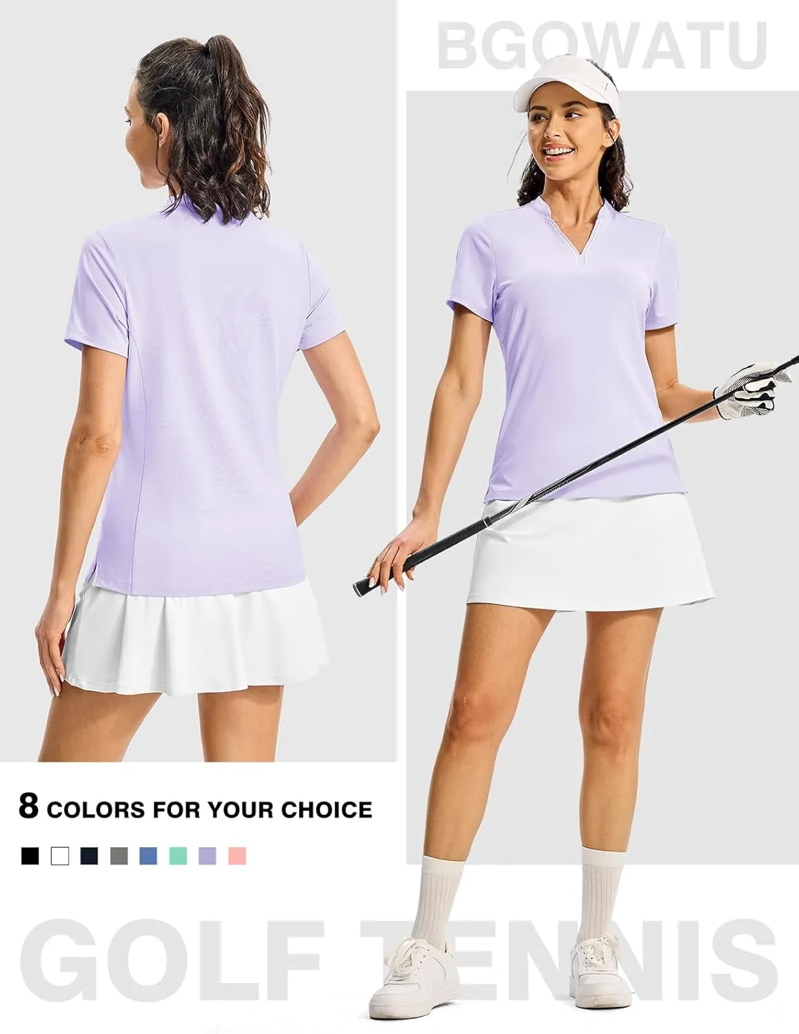 BGOWATU Women's Golf Polo Shirts Short Sleeve Collarless Y-Neck Tennis Tops Quick Dry UPF 50  Workout Shirt Lightweight