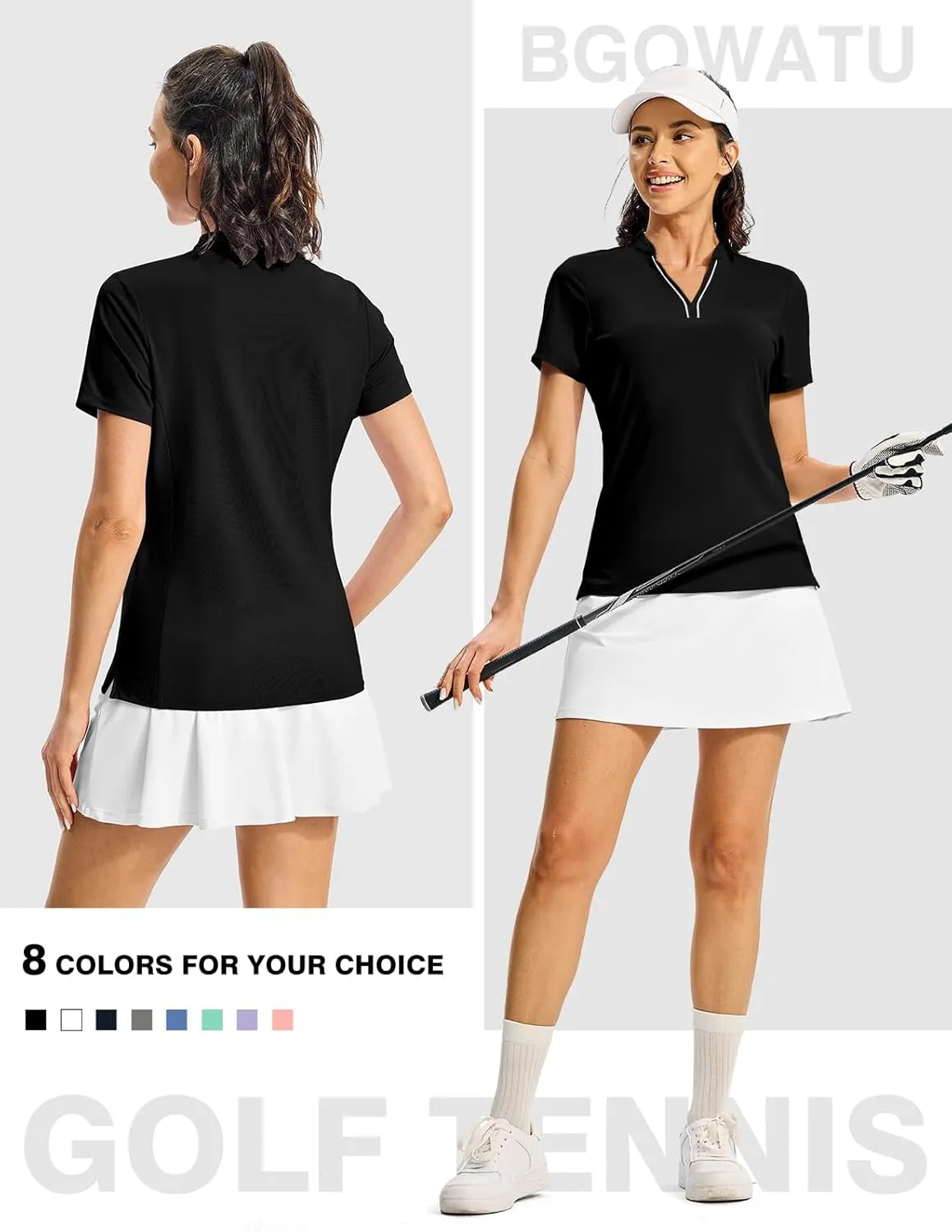BGOWATU Women's Golf Polo Shirts Short Sleeve Collarless Y-Neck Tennis Tops Quick Dry UPF 50  Workout Shirt Lightweight