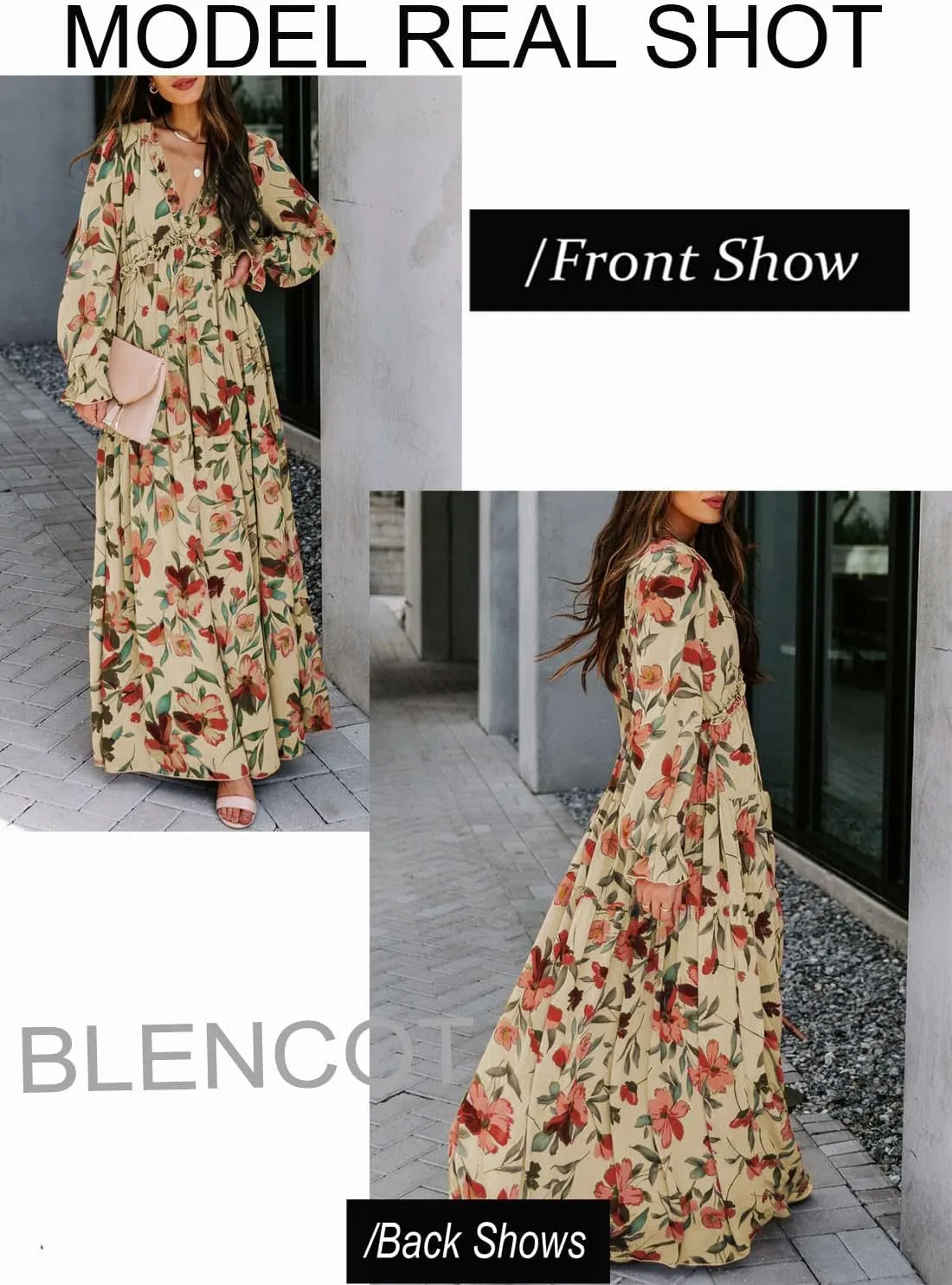 BLENCOT Womens Casual Boho Deep V Neck Short Sleeve Long Dress