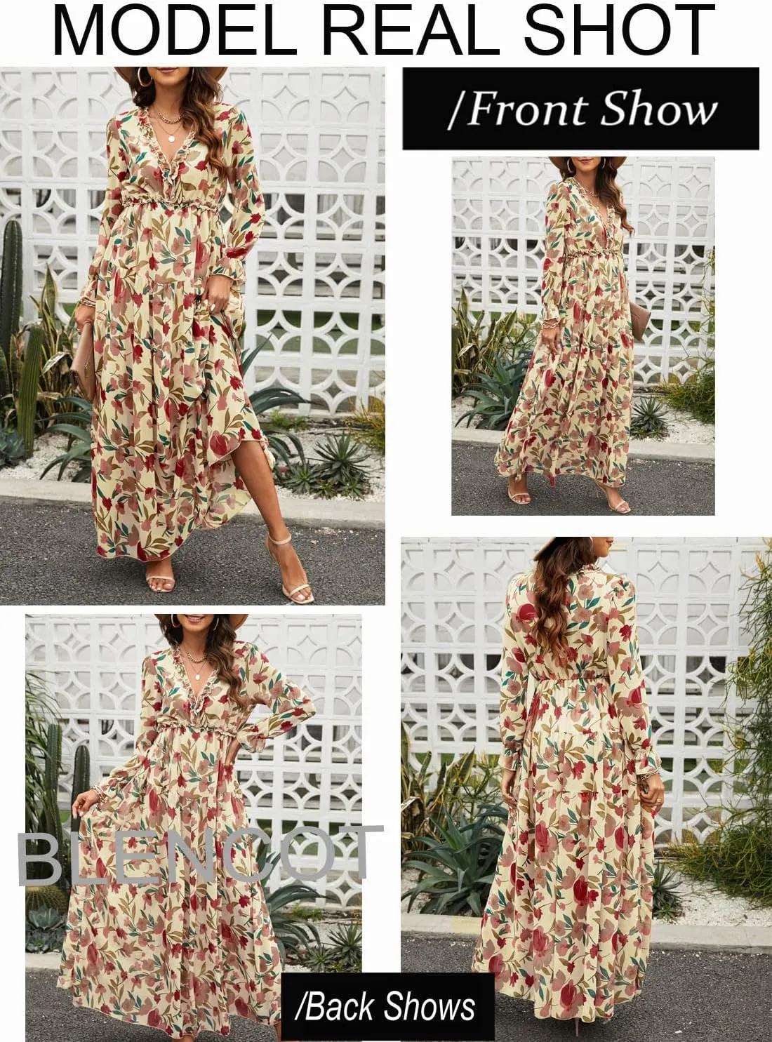 BLENCOT Womens Casual Boho Deep V Neck Short Sleeve Long Dress