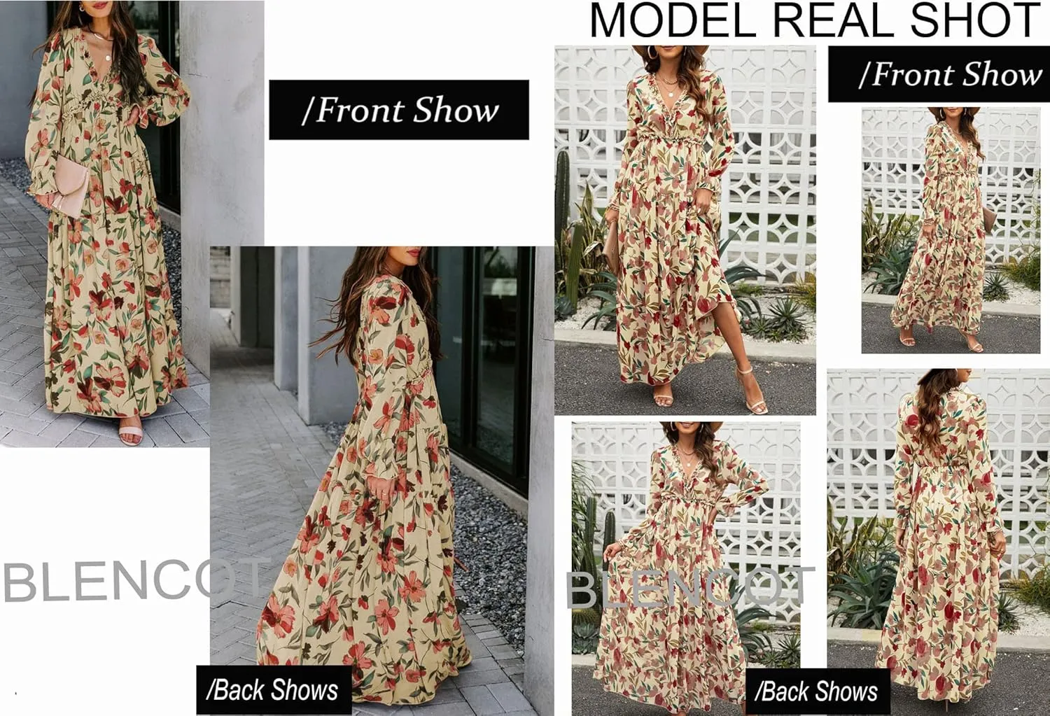 BLENCOT Womens Casual Boho Deep V Neck Short Sleeve Long Dress