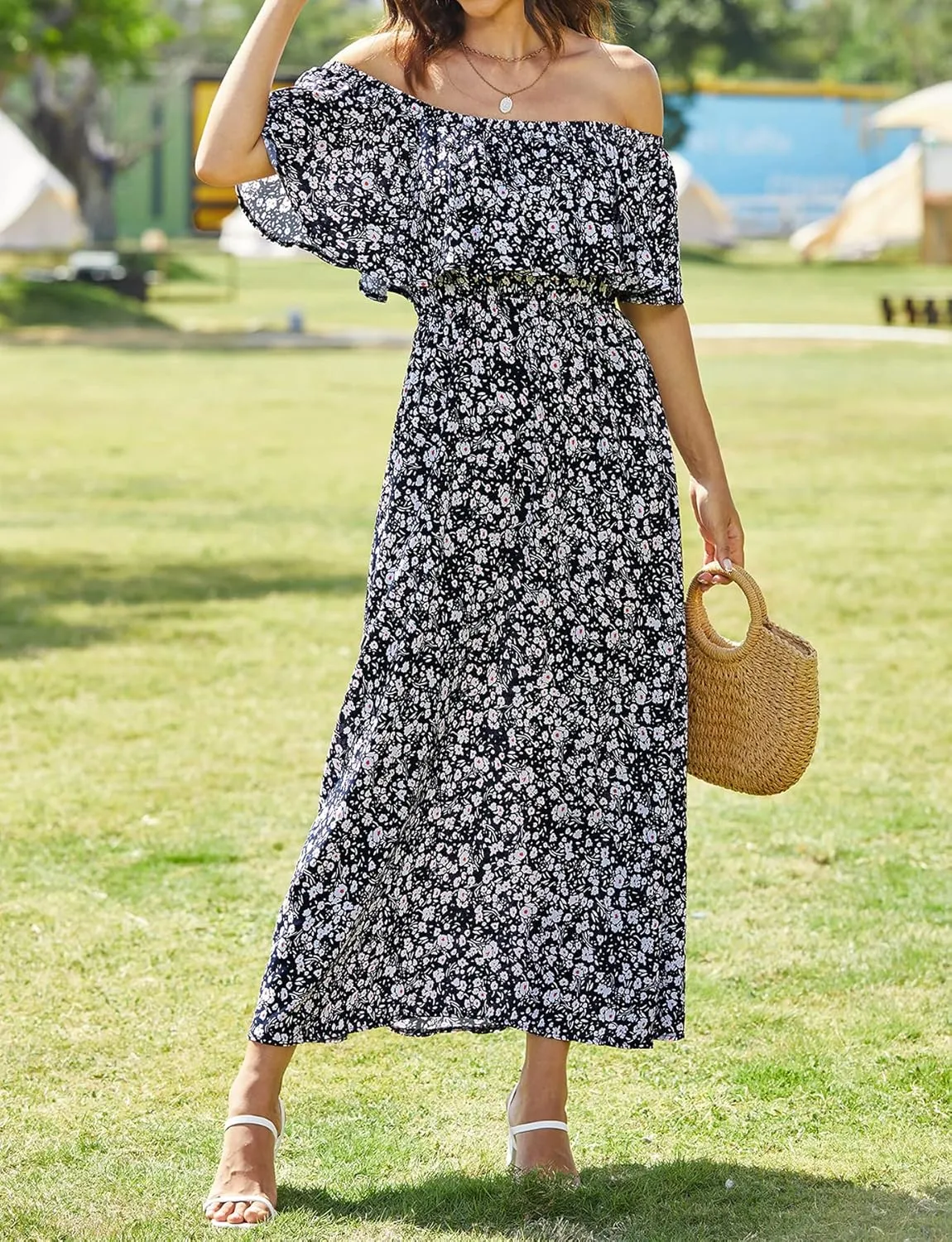 Bluetime Womens Maxi Dress Off Shoulder Floral Print Boho Beach Long Summer Dresses