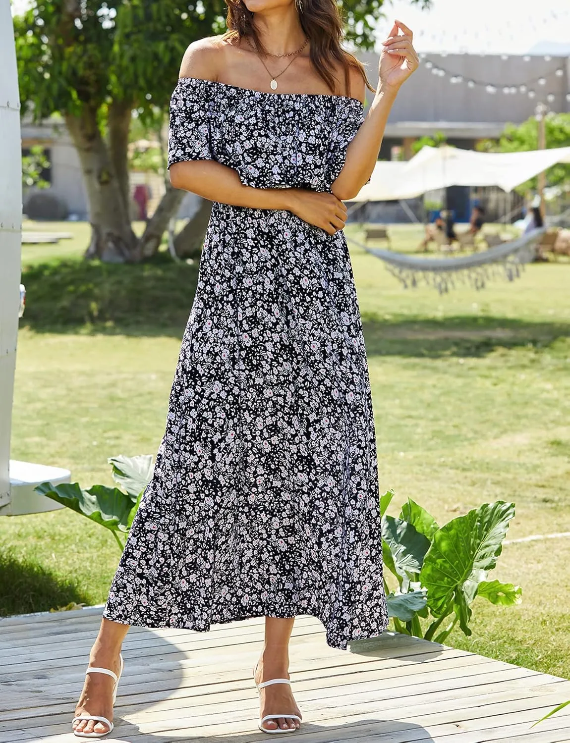 Bluetime Womens Maxi Dress Off Shoulder Floral Print Boho Beach Long Summer Dresses