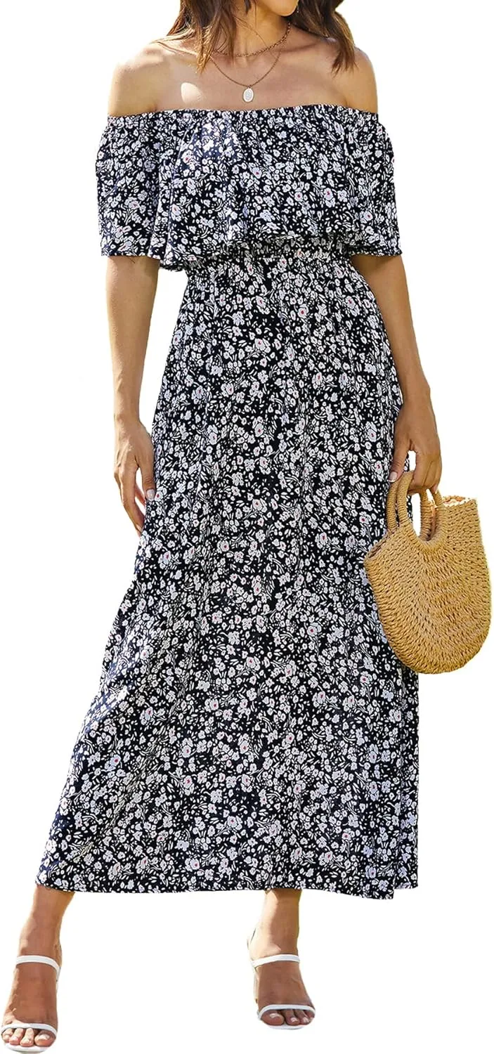 Bluetime Womens Maxi Dress Off Shoulder Floral Print Boho Beach Long Summer Dresses