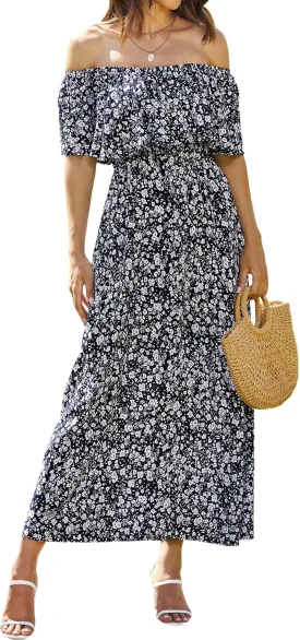 Bluetime Womens Maxi Dress Off Shoulder Floral Print Boho Beach Long Summer Dresses
