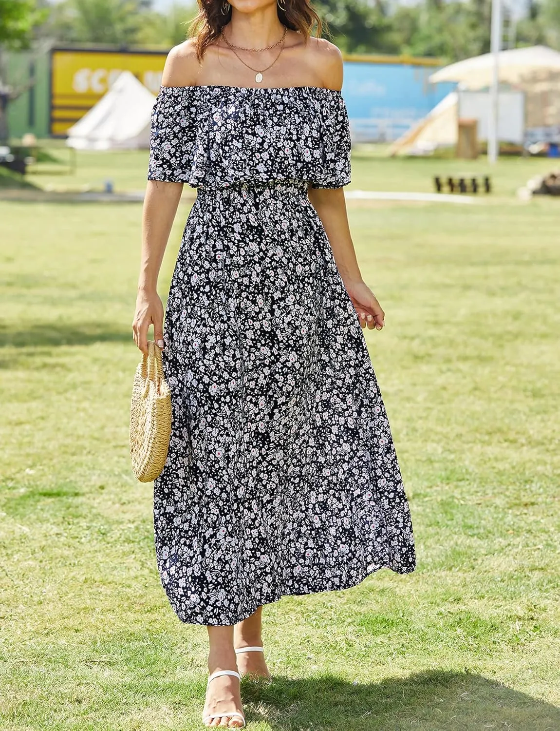 Bluetime Womens Maxi Dress Off Shoulder Floral Print Boho Beach Long Summer Dresses