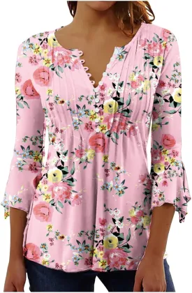 Bohemian Tops for Women Trendy 2023 Sexy Elegant t-Shirt Boho Floral Print 3/4 Bell Sleeve v Neck Shirts Blouse
